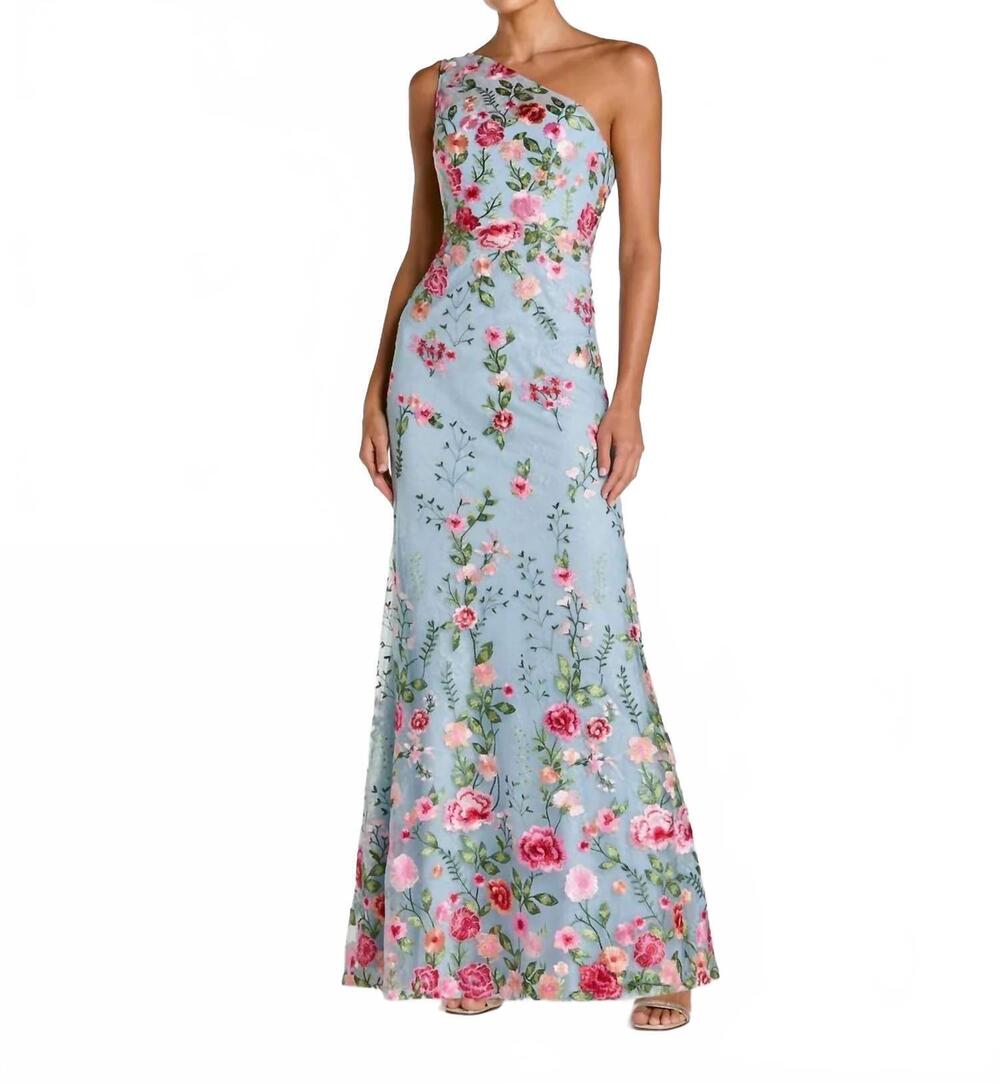 NEW MAC DUGGAL one shoulder floral embroidered gown in powder blue multi